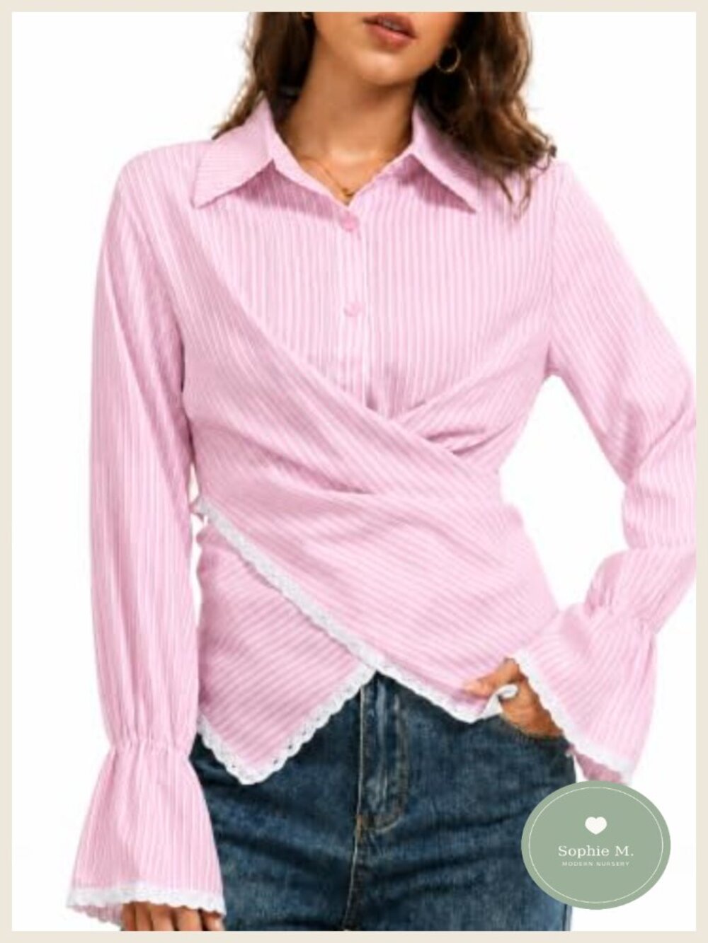 Women's Striped Cotton Wrap Blouse with Waist Ties and Lace Trim